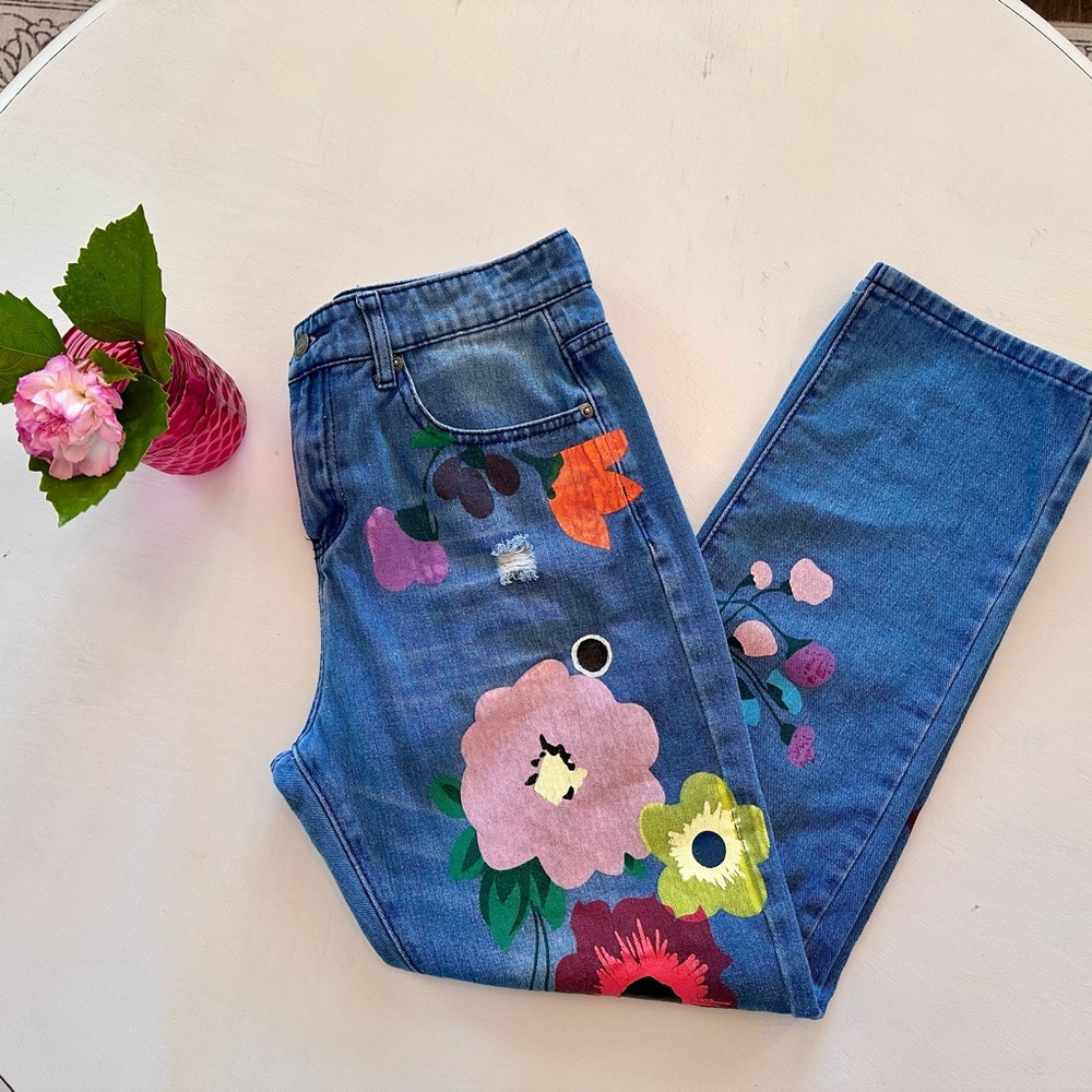 MISSLOOK Distressed Floral Painted High Rise Jeans size 28